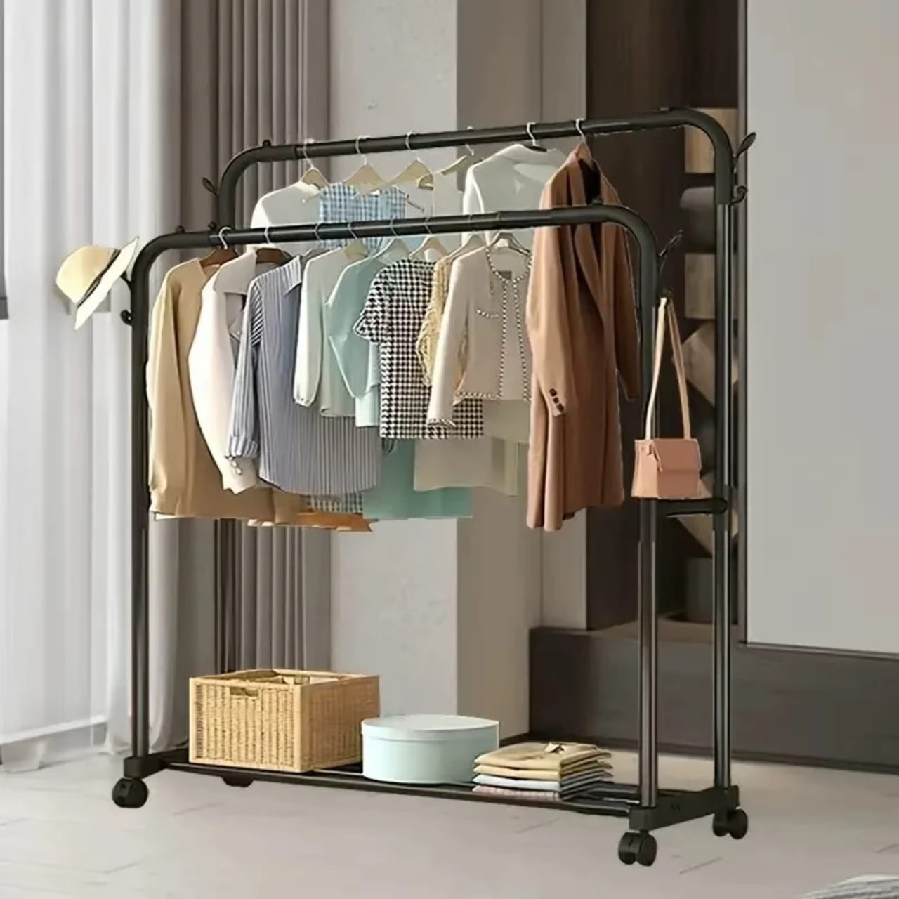Double Pole Clothing Rack With Wheels & Lower Storage Shelf