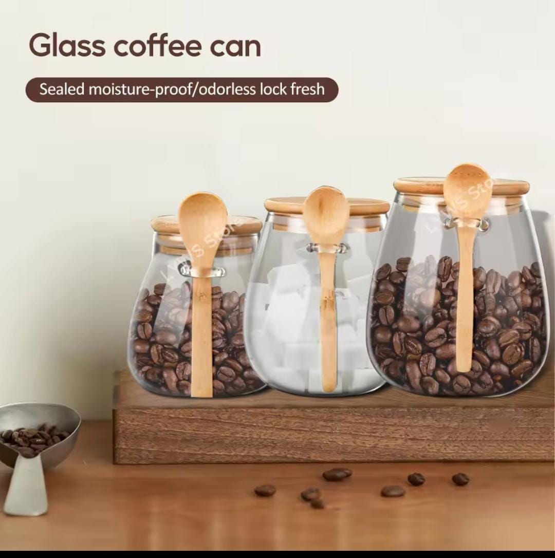 Glass storage canisters with Bamboo spoon & airtight lid.