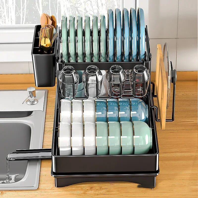 2 Tier Foldable Dish Drying Rack with Drip Tray   