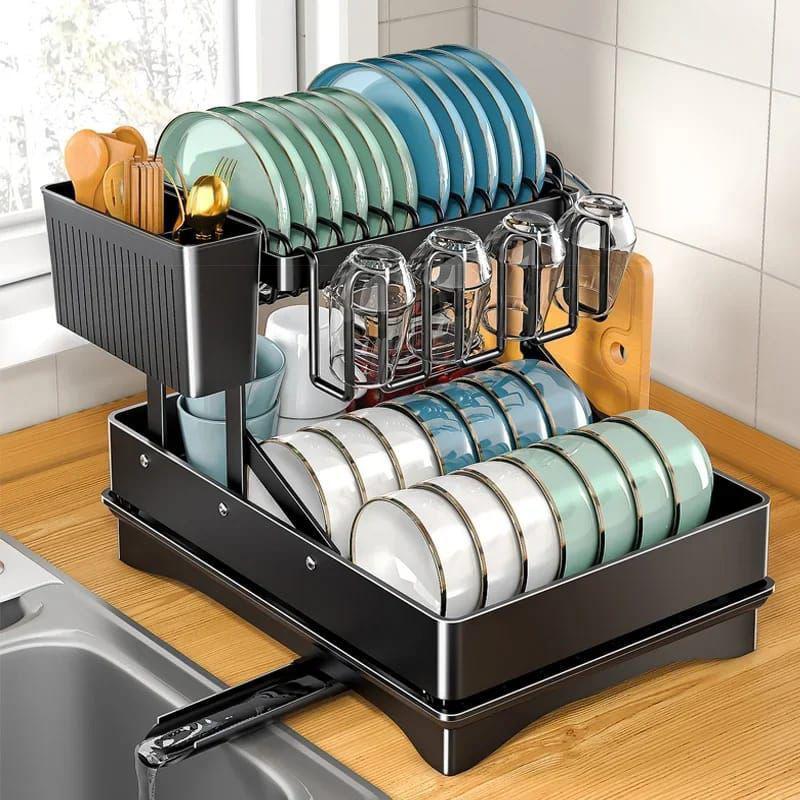 2 Tier Foldable Dish Drying Rack with Drip Tray   