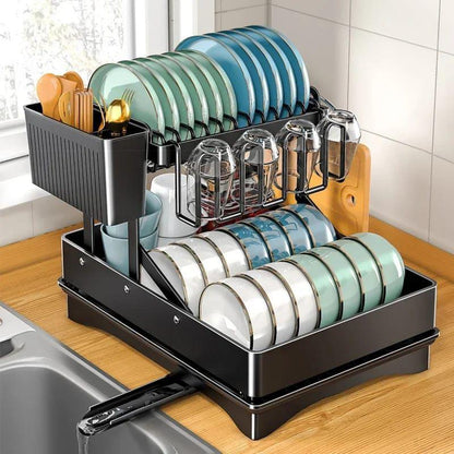 2 Tier Foldable Dish Drying Rack with Drip Tray   