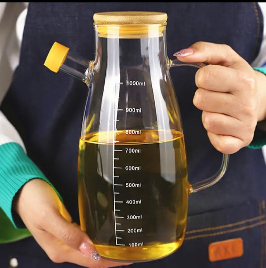 1L Glass Oil Dispenser with Handle and Bamboo Lid