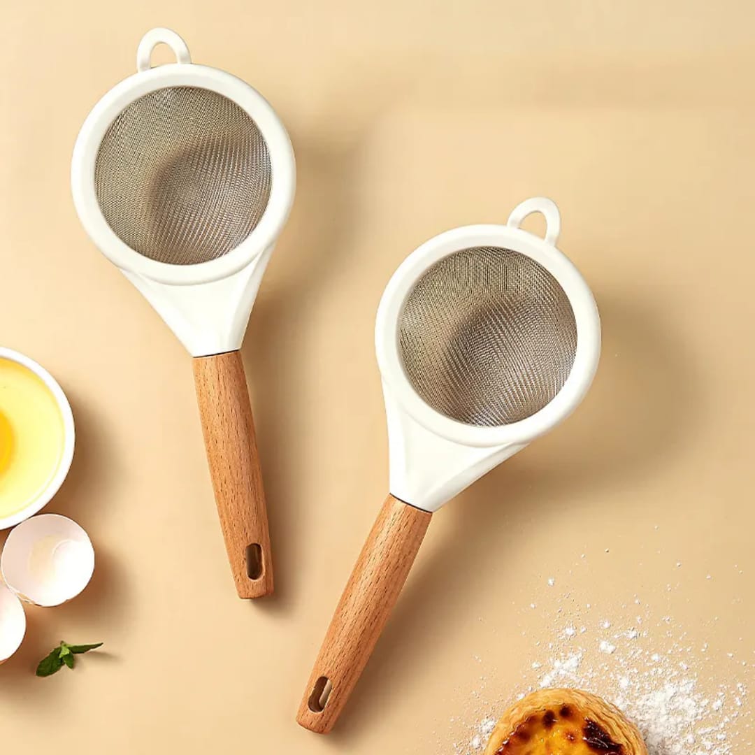 Wooden handle stainless steel fine mesh sieve
