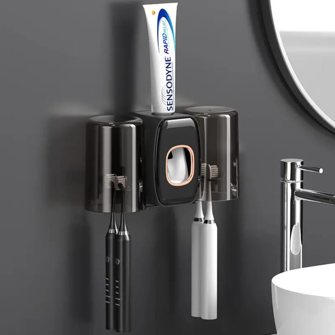 Toothpaste dispenser and toothbrush holder
