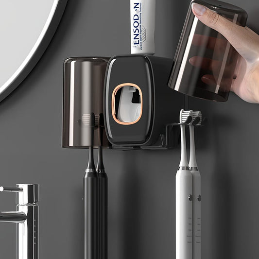 Toothpaste dispenser and toothbrush holder