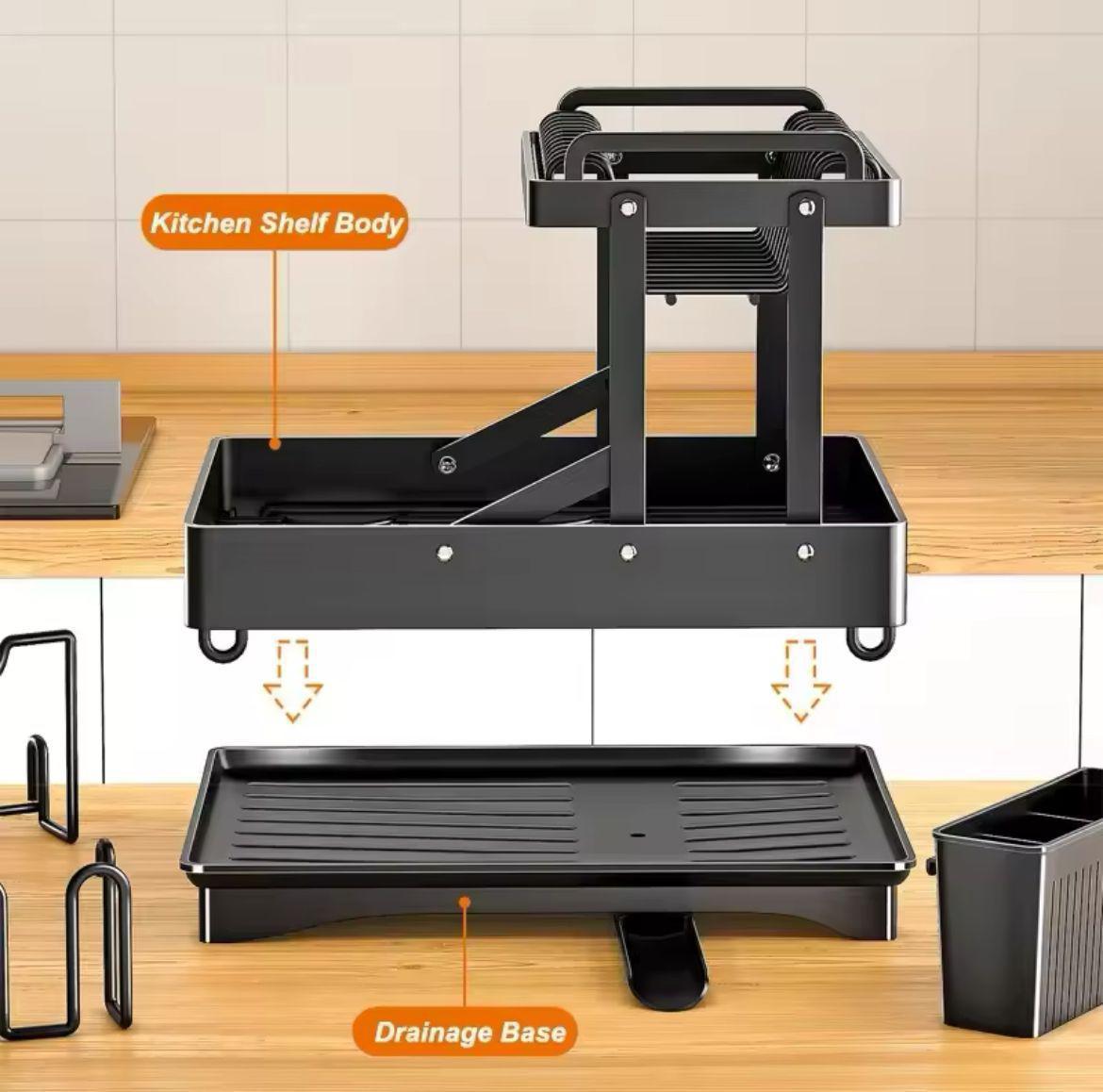 2 Tier Foldable Dish Drying Rack with Drip Tray l