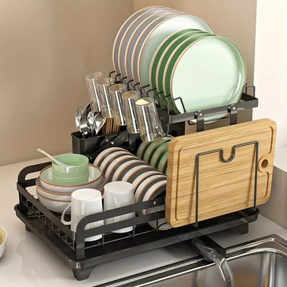 2 Tier Foldable Dish Drying Rack with Drip Tray l