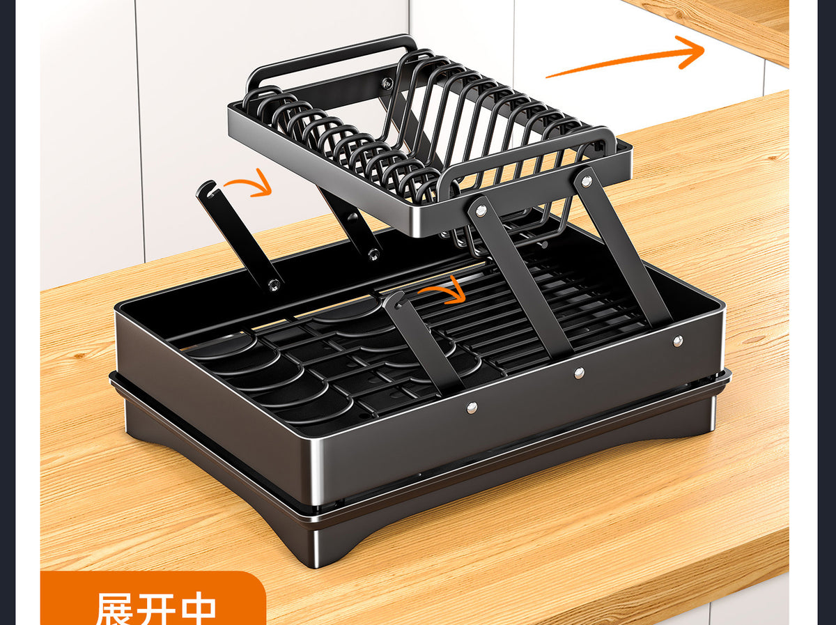 2 Tier Foldable Dish Drying Rack with Drip Tray   