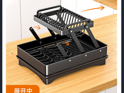 2 Tier Foldable Dish Drying Rack with Drip Tray l