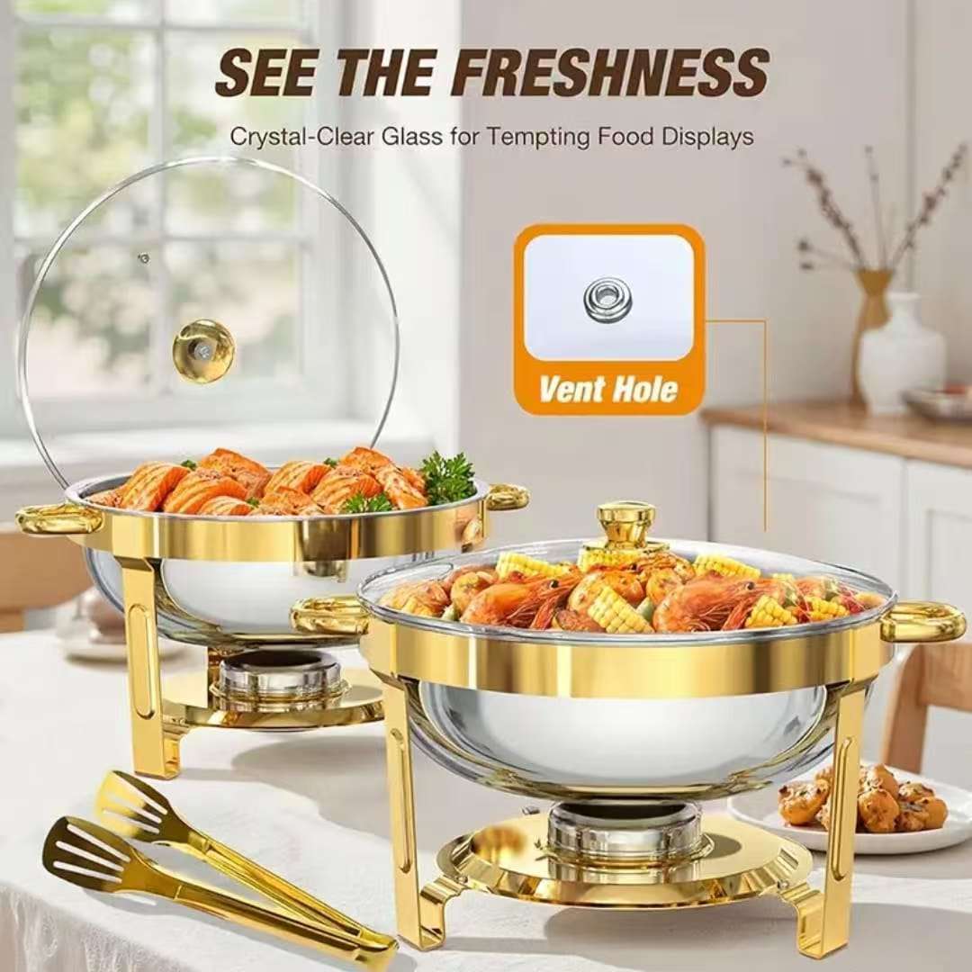 Elegant Round Stainless Steel Chafing Dish with Golden Accents ( 5 ltrs)
