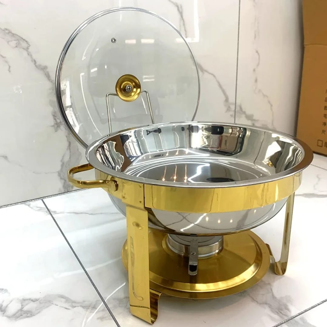 Elegant Round Stainless Steel Chafing Dish with Golden Accents ( 5 ltrs)