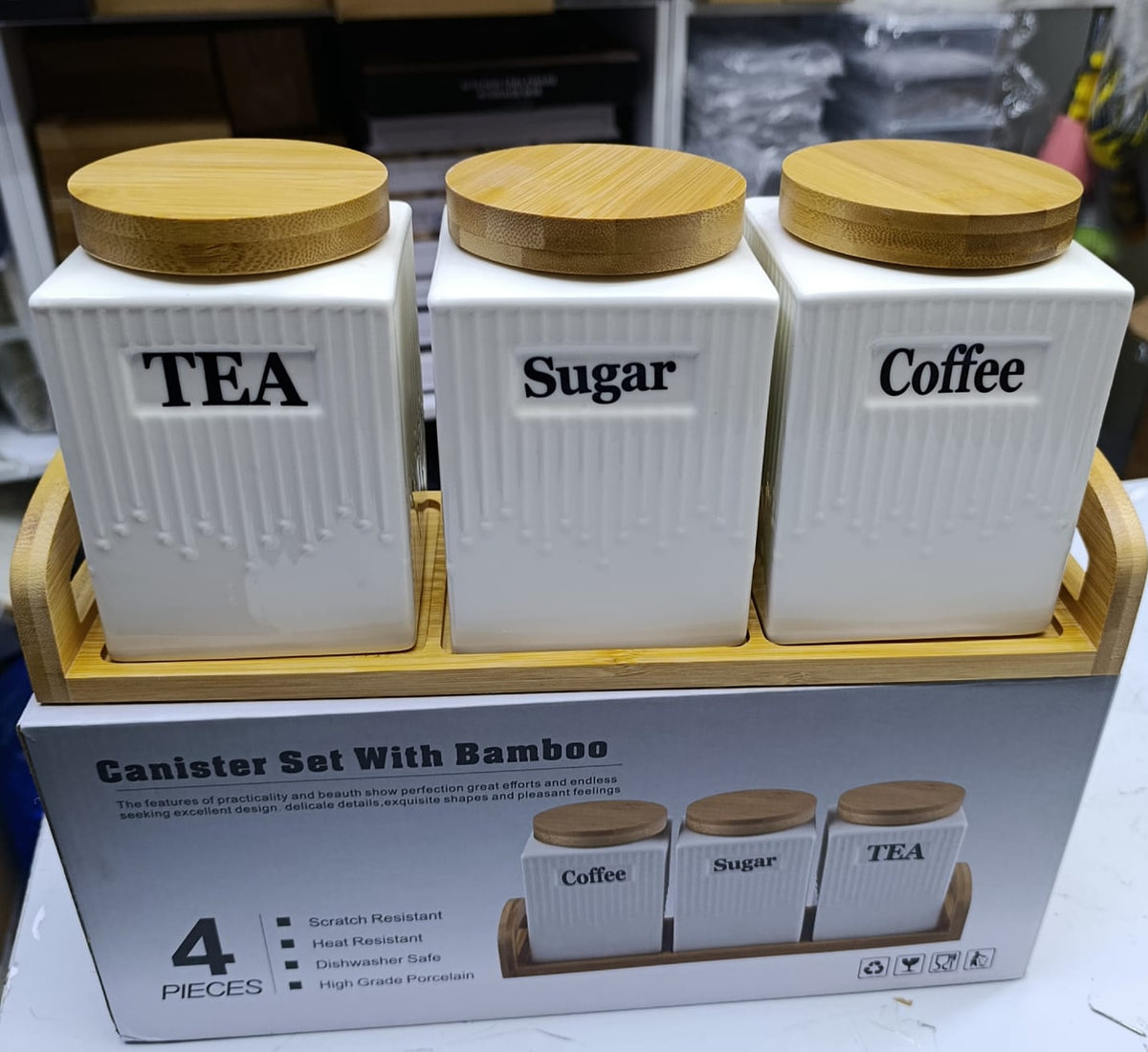 3pc Ceramic Canister Set with bamboo lids and Place on