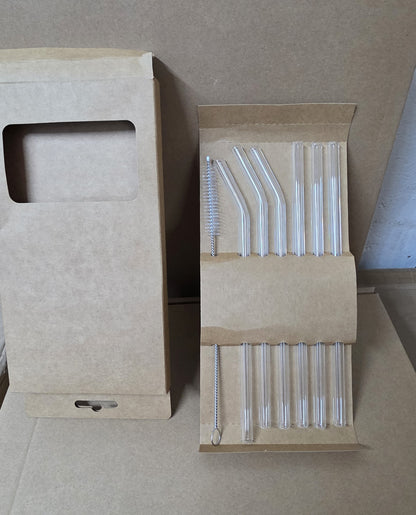 6 pcs Clear High Borosilicate Glass straw set with 1 pc Cleaning Brush.