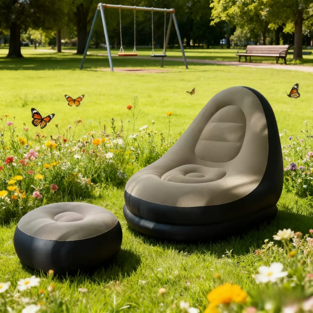 Inflatable Deluxe Lounge Seat With Foot Rest &Free Pump (2pcs Set)