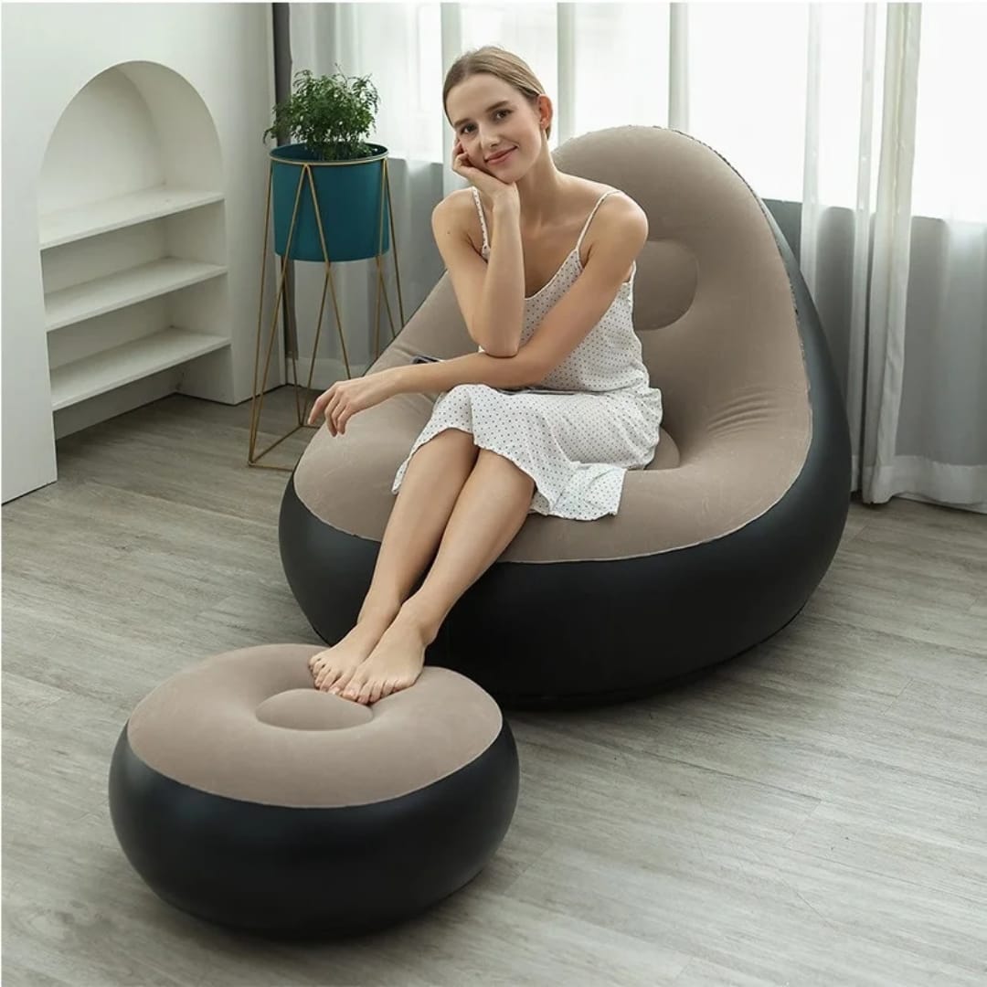 Inflatable Deluxe Lounge Seat With Foot Rest &Free Pump (2pcs Set)
