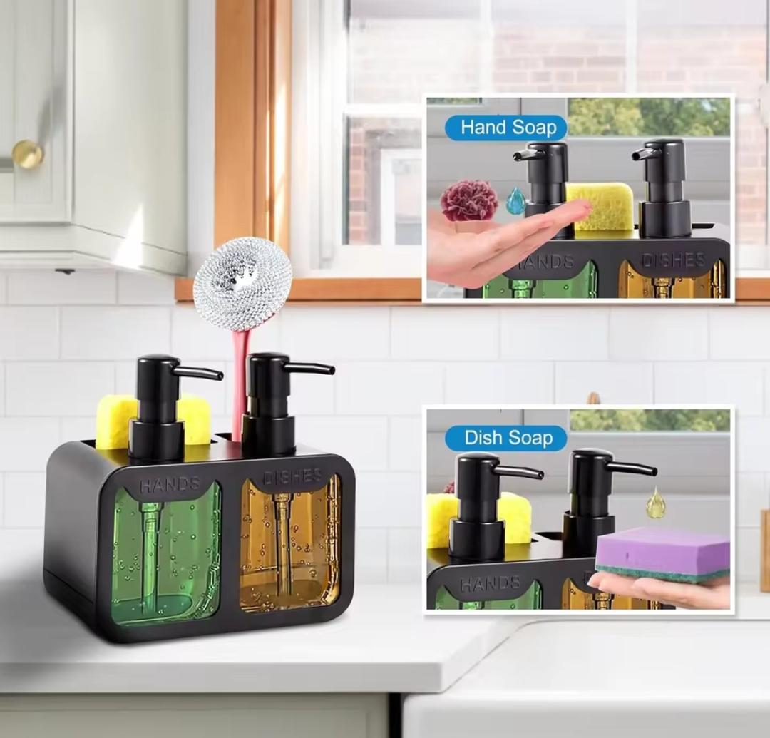 Hand and dish soap dispenser set with sponge
