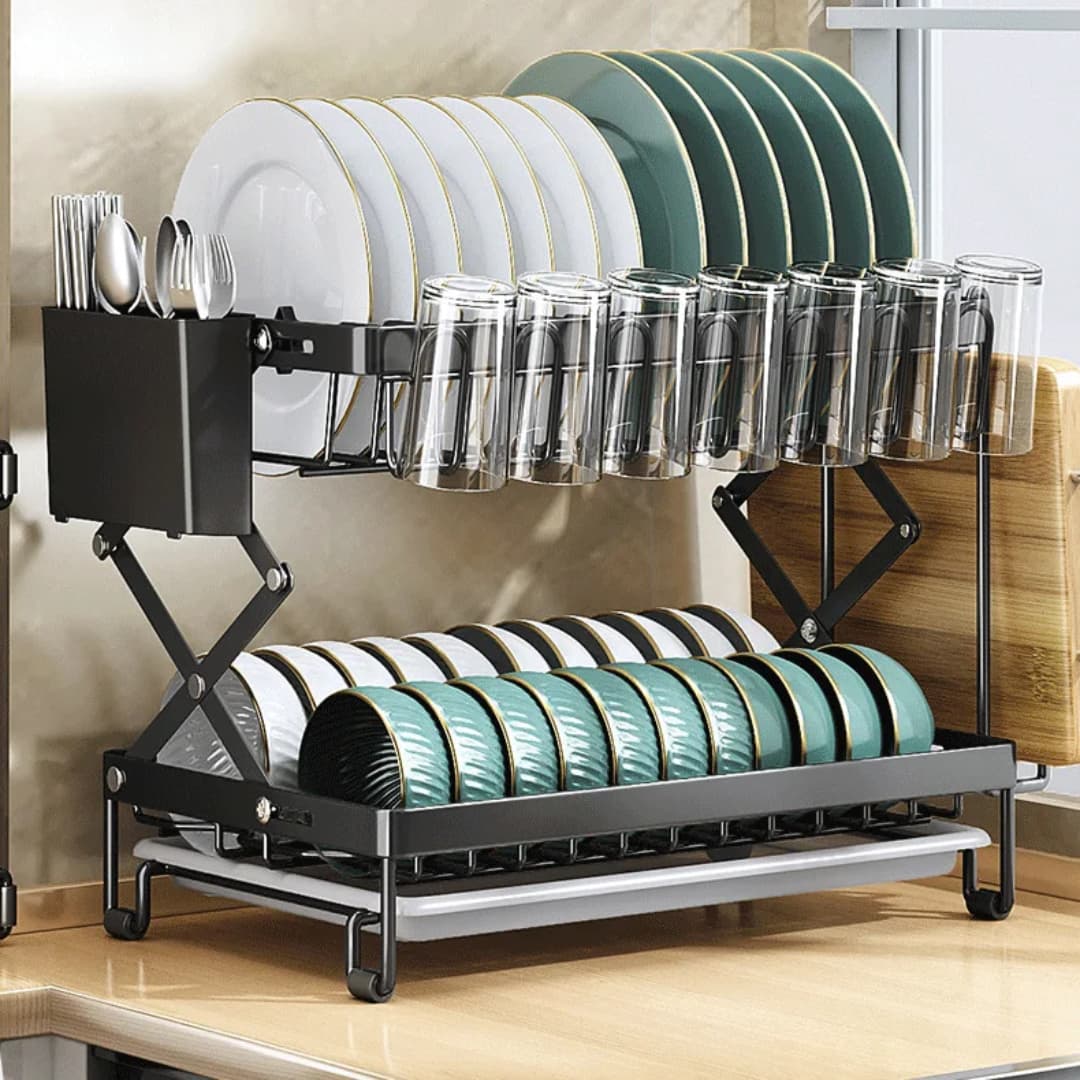 2-tier kitchen dish drying rack with a space-saving foldable design.