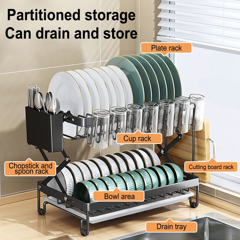 2-tier kitchen dish drying rack with a space-saving foldable design.