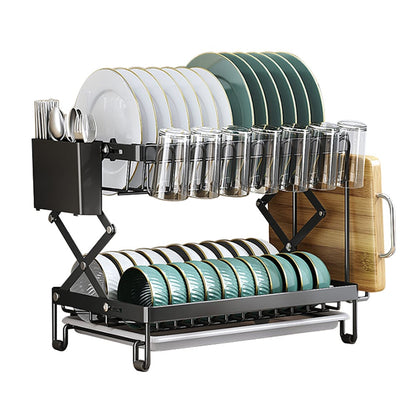 2-tier kitchen dish drying rack with a space-saving foldable design.