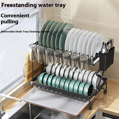 2-tier kitchen dish drying rack with a space-saving foldable design.