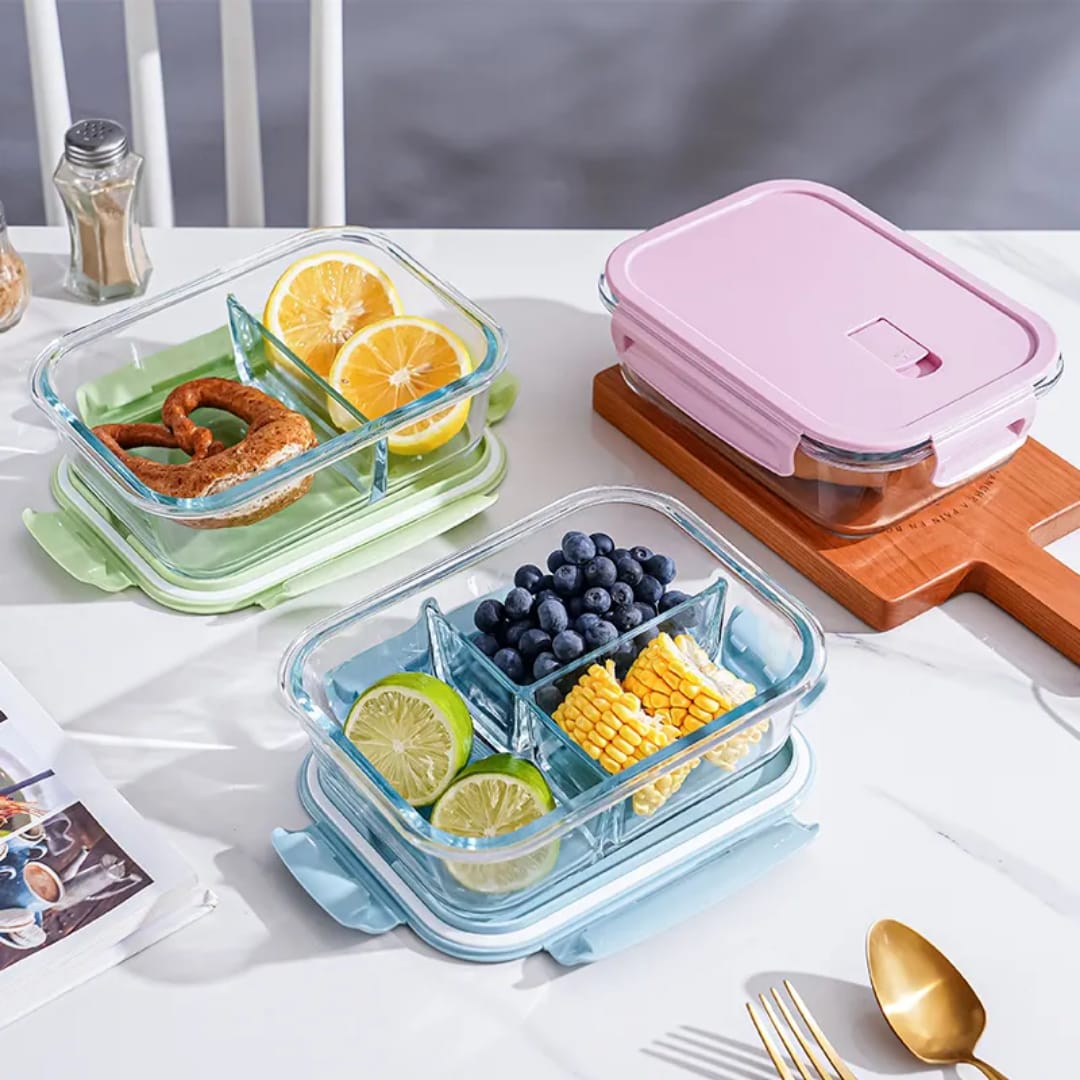 High borosilicate glass partitioned lunchbox.
