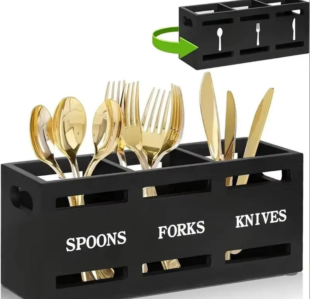 Wooden partitioned cutlery holder