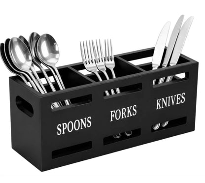 Wooden partitioned cutlery holder