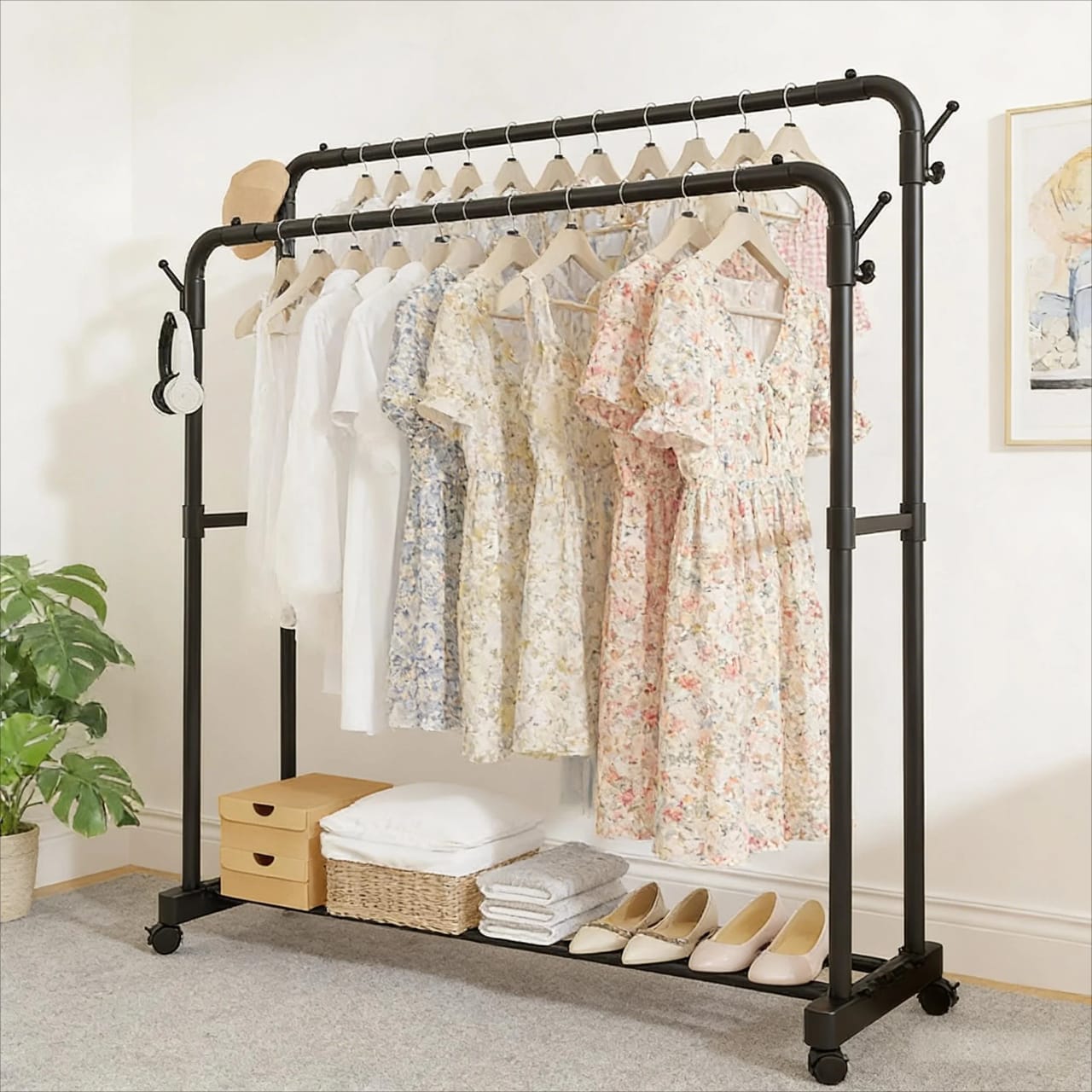 Double Pole Clothing Rack With Wheels & Lower Storage Shelf