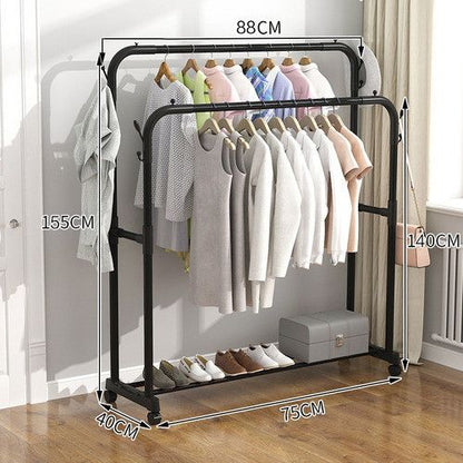Double Pole Clothing Rack With Wheels & Lower Storage Shelf
