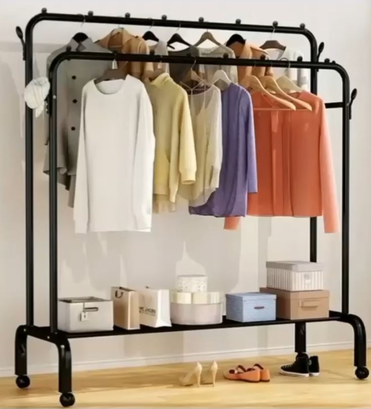 Double Pole Clothing Rack With Wheels & Lower Storage Shelf