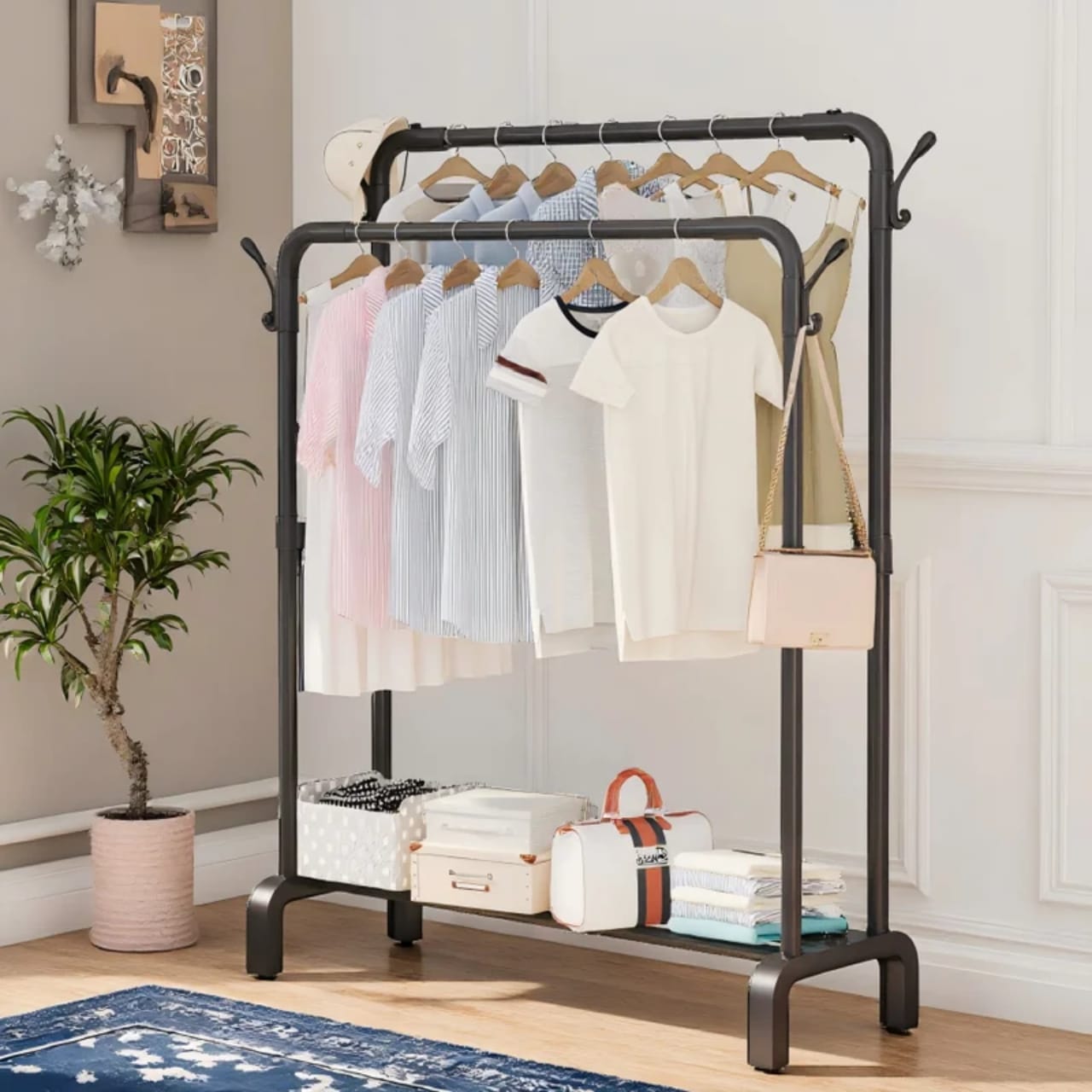 Double Pole Clothing Rack With Wheels & Lower Storage Shelf