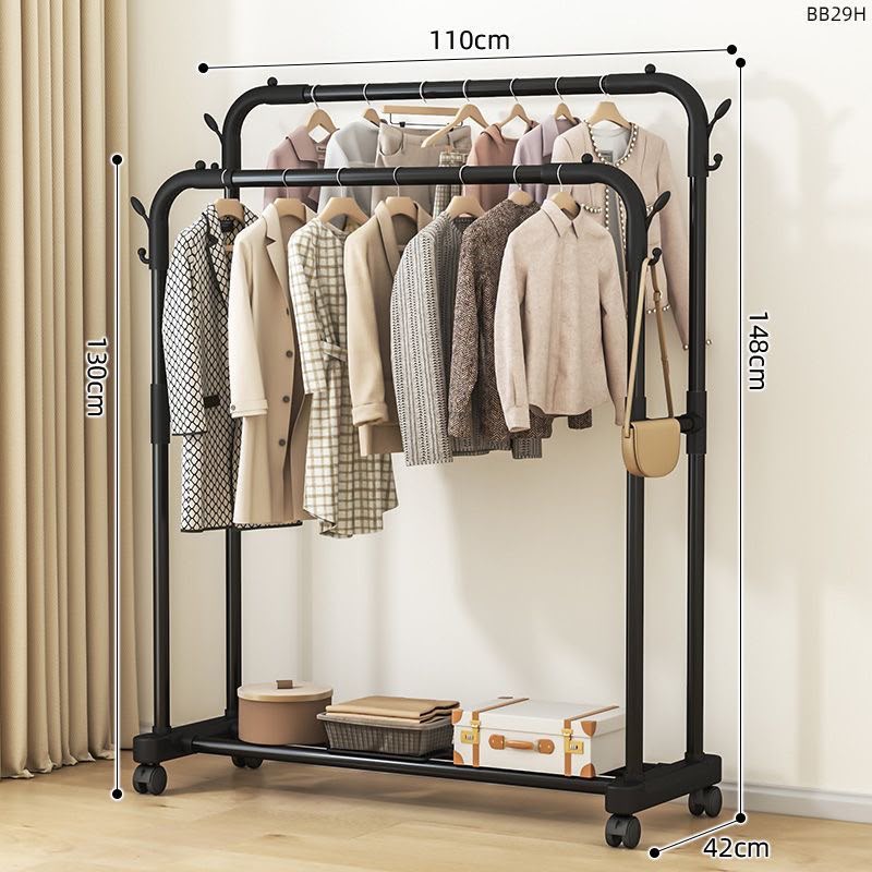 Double Pole Clothing Rack With Wheels & Lower Storage Shelf