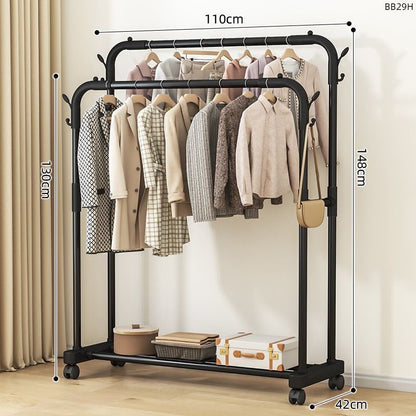 Double Pole Clothing Rack With Wheels & Lower Storage Shelf