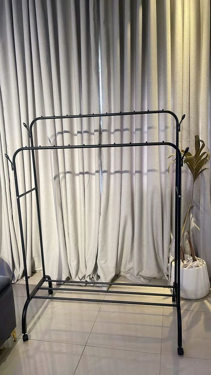 Double Pole Clothing Rack With Wheels & Lower Storage Shelf