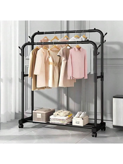 Double Pole Clothing Rack With Wheels & Lower Storage Shelf