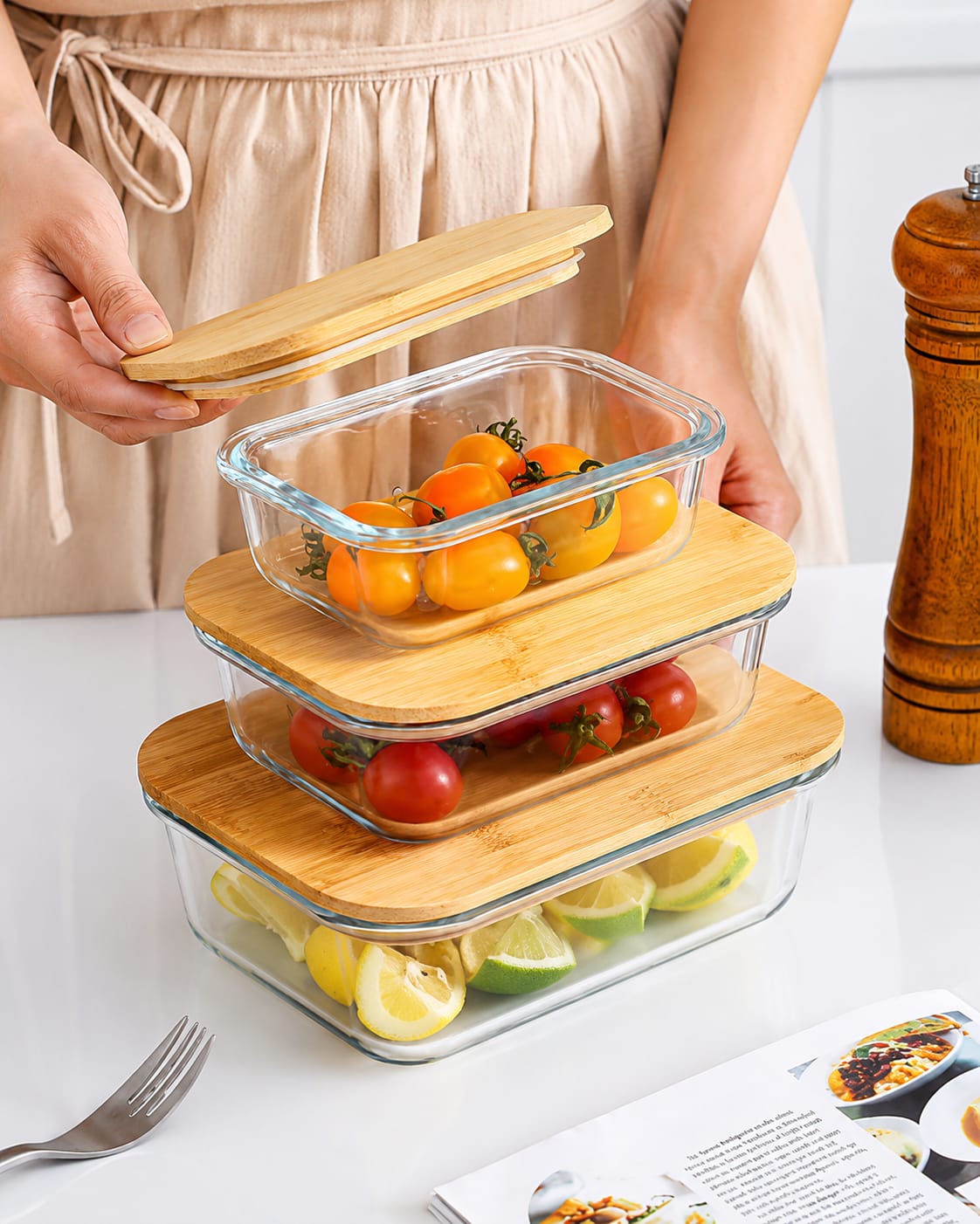 3in1 snack storage box set wooden top lid