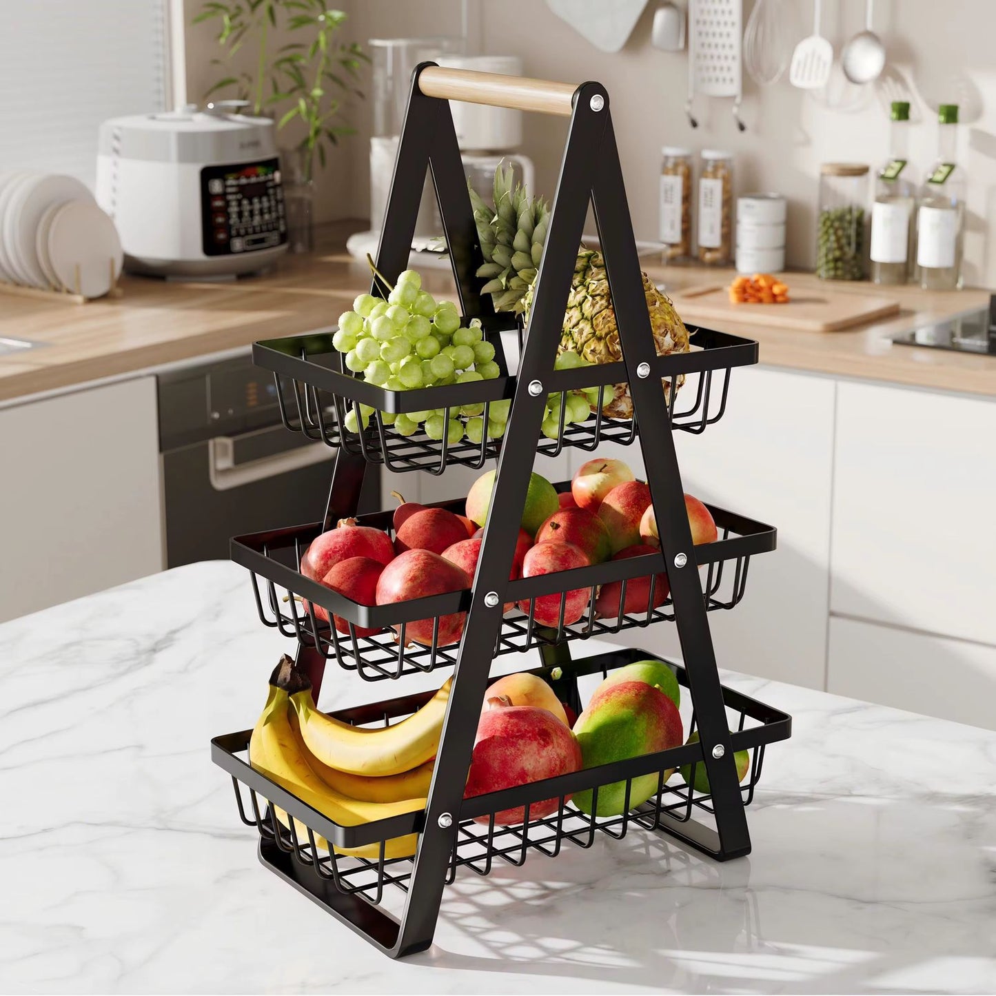 Triangular 3 layer metallic mesh fruit basket