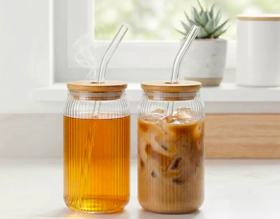 Ribbed Borosilicate Glass Cup with Bamboo Lid