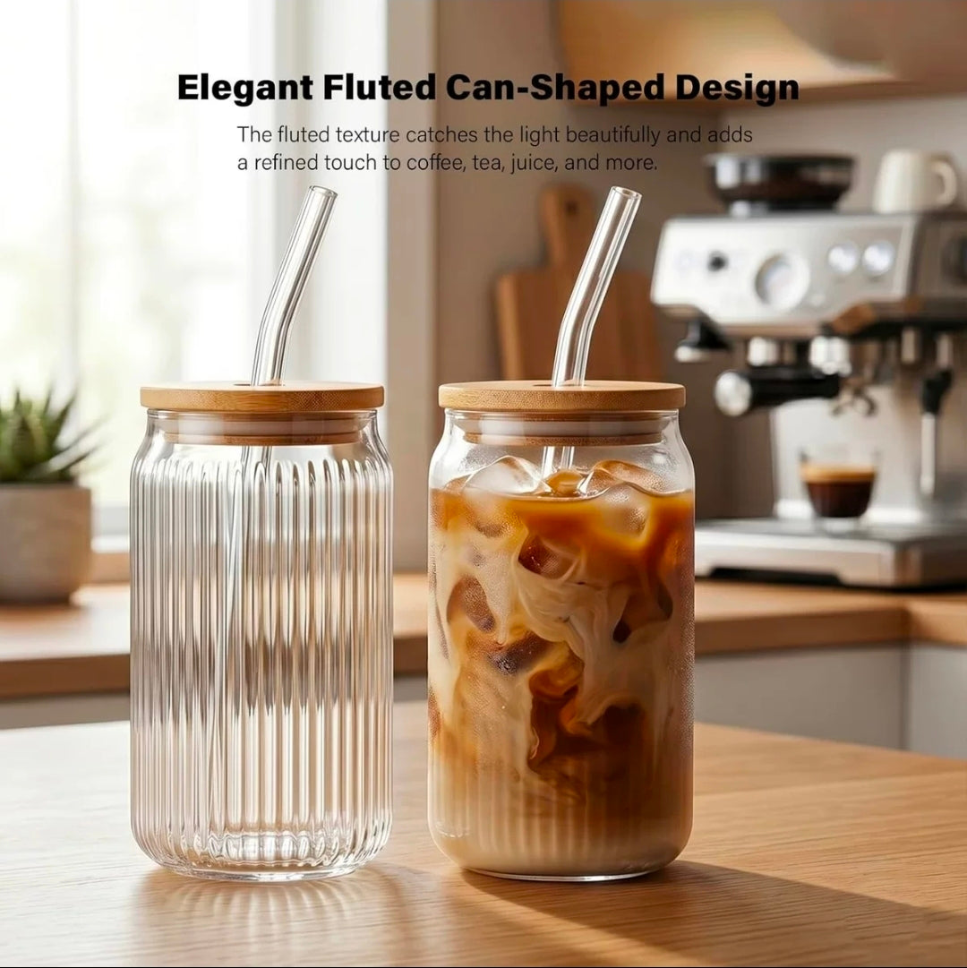 Ribbed Borosilicate Glass Cup with Bamboo Lid