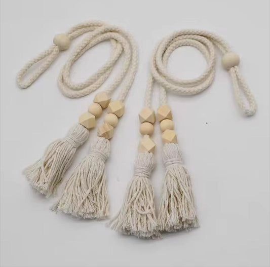 Geometric tassel tieback with wooden beads