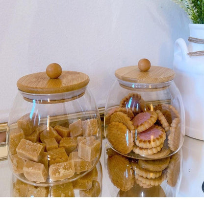 Glass jar canisters with airtight bamboo lid.