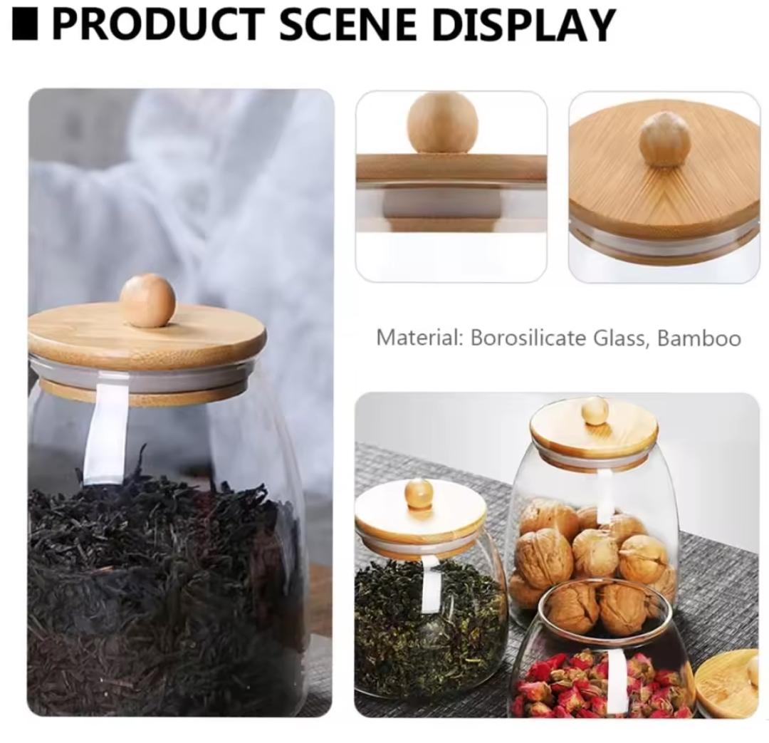 Glass jar canisters with airtight bamboo lid.