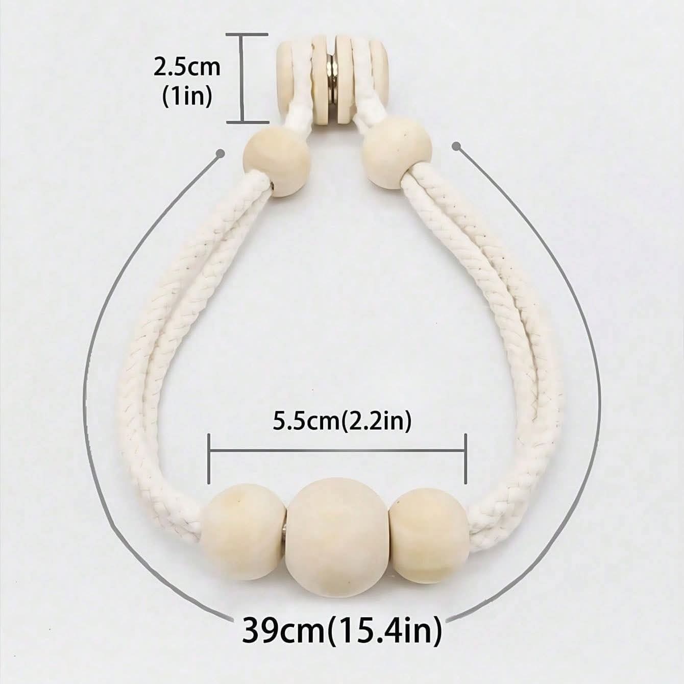 Magnetic curtain tie backs with wooden beads.