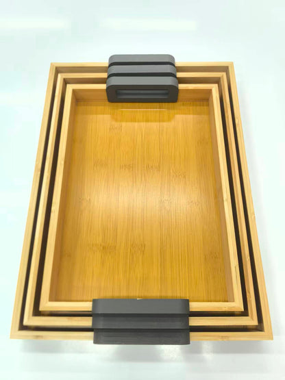 3-Piece Bamboo Nesting trays with Grey Handles.