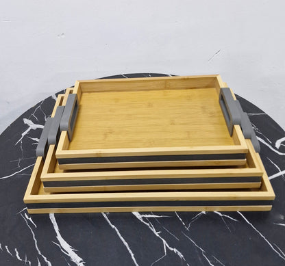 3-Piece Bamboo Nesting trays with Grey Handles.