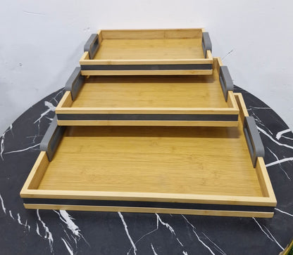 3-Piece Bamboo Nesting trays with Grey Handles.