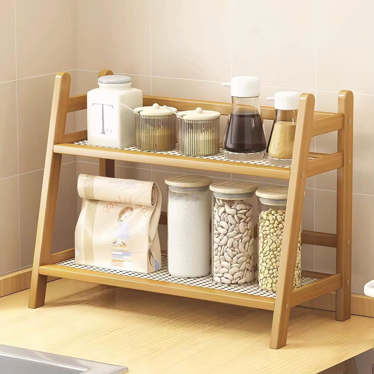 Bamboo countertop storage rack.