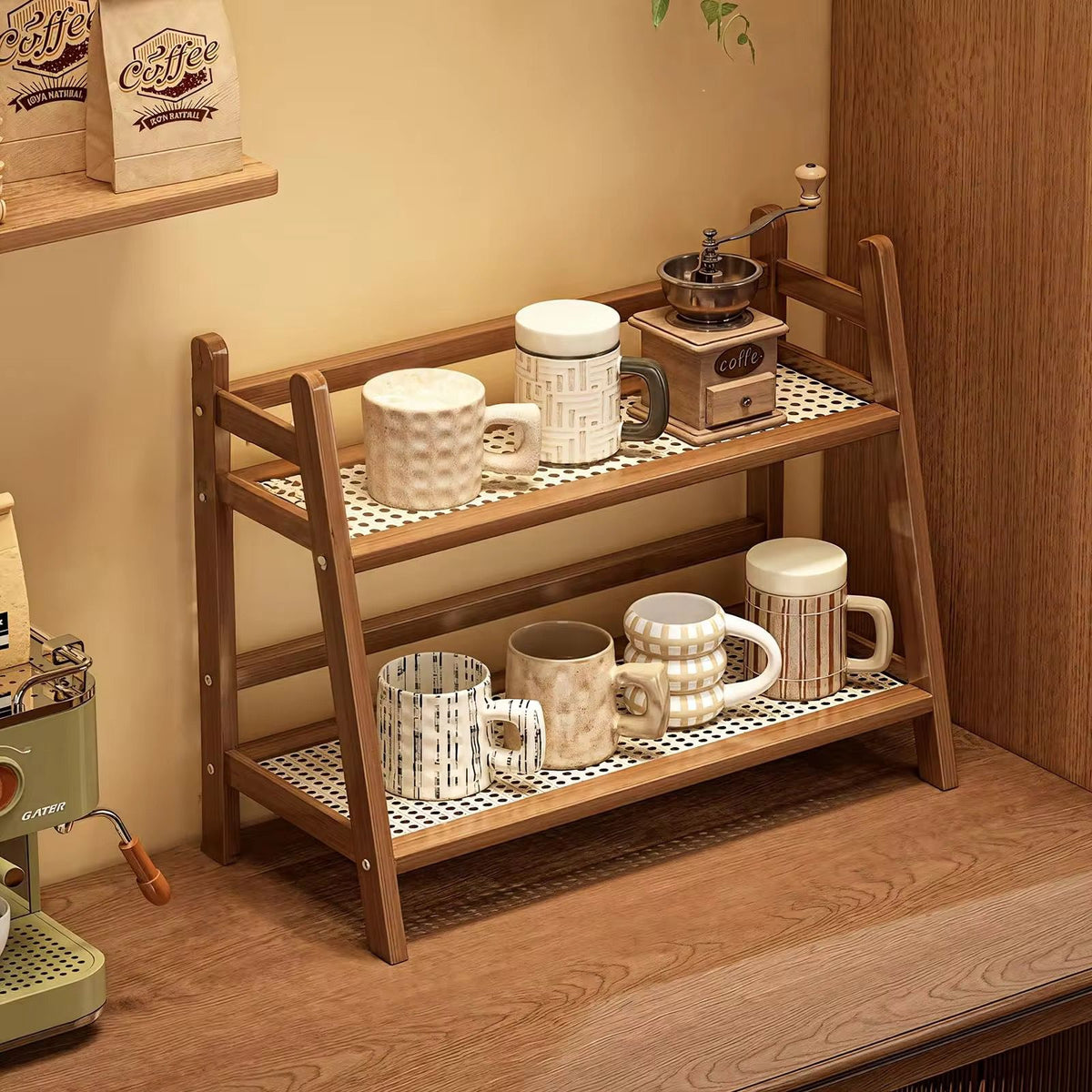 Bamboo countertop storage rack.