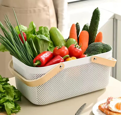 Large mesh plastic baskets with wooden handle.