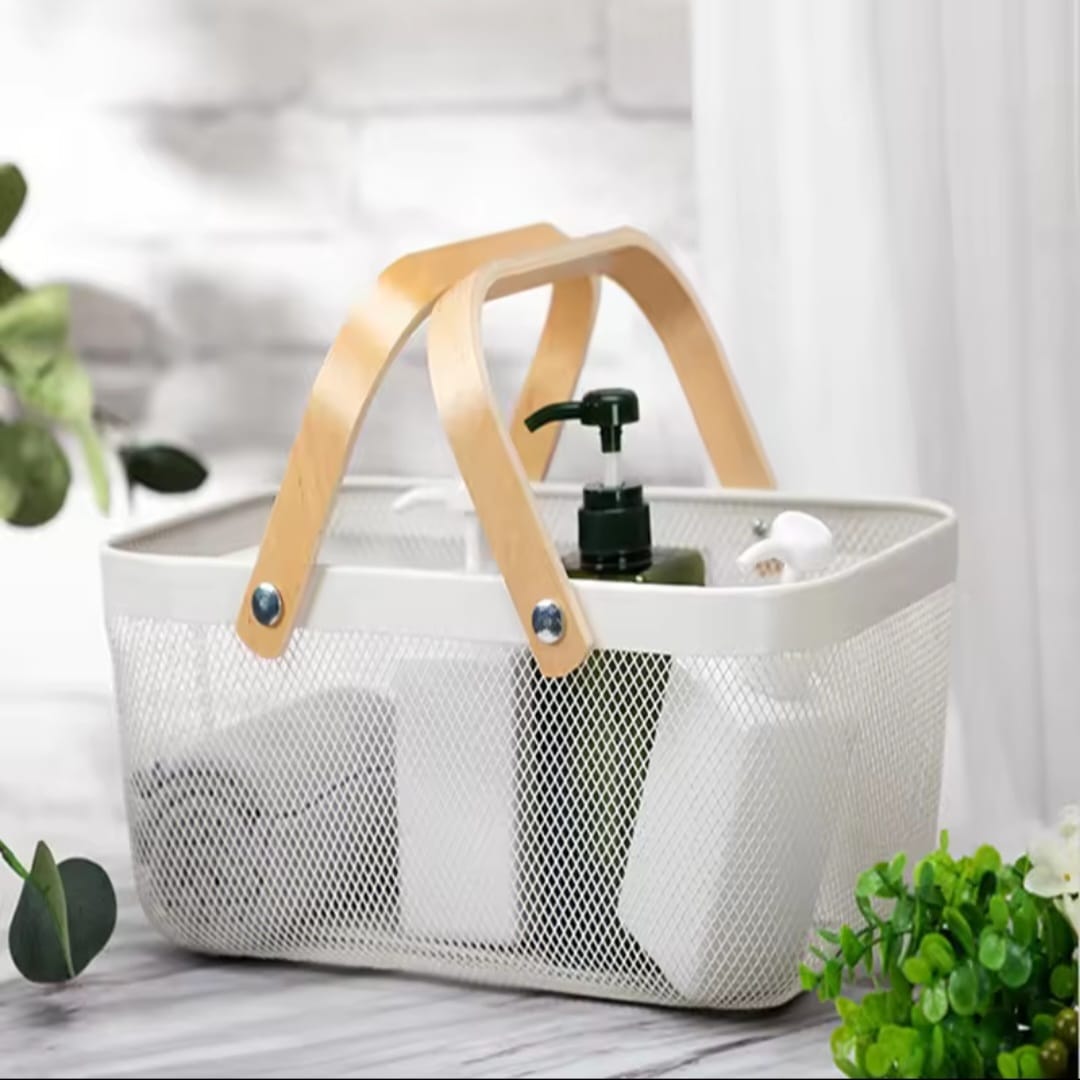 Large mesh plastic baskets with wooden handle.